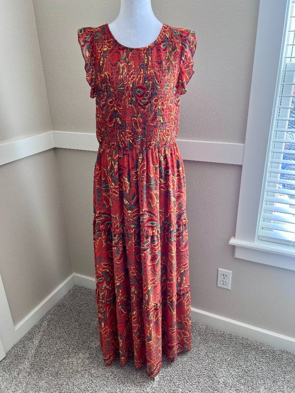 Melloday Floral Smocked Tiered Maxi Dress with Back Cutouts - Size Large